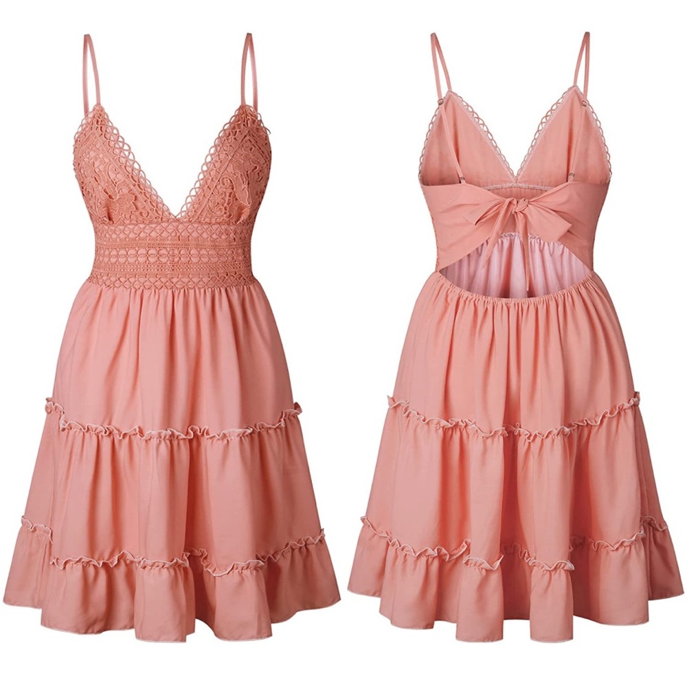 Womens V-Neck Spaghetti Strap Bowknot Backless Sleeveless Lace Mini Swing Dress